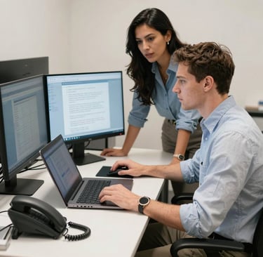 Two diverse colleagues collaborating at a modern workstation with a laptop and dual computer monitors.