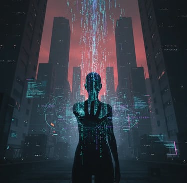 a person standing in front of a cityscape