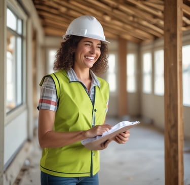 A happy woman inspecting the interior of a newly built house with a construction helmet.