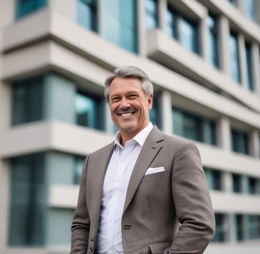 A smiling middle-aged man standing in front of a newly constructed modern building.