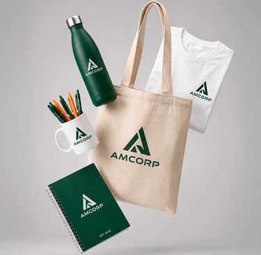 Kit de merchandising corporativo con logo de AMCORP: bolso, botella, camiseta, libreta y taza con bolígrafos.