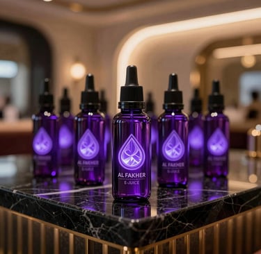 A close-up of Al Fakher e-juice bottles with glowing violet and electric purple labels, placed on a black marble counter in a luxury lounge, Middle Eastern / Dubai Gulf Region, neon backlighting.