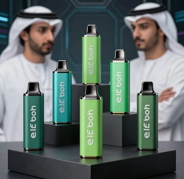 A collection of luxury Elfbar disposable vapes showcasing vibrant vape green colors, arranged on a premium dark geometric stand with a dark cybernetic background, Middle Eastern / Dubai Gulf Region mood, studio photography.