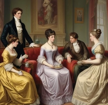 Two gentlemen and three ladies from Regency times talking in the drawing room