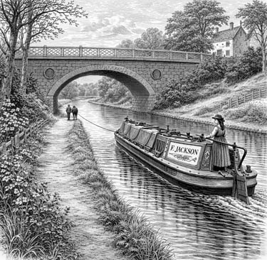 Drawing of a narrowboat pulled by a horse on  an inland English canal.