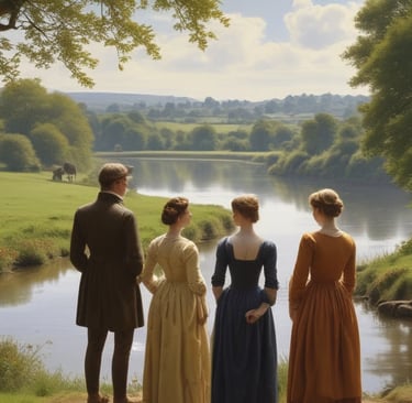 A Regency gentleman and ladies near a peaceful  stream