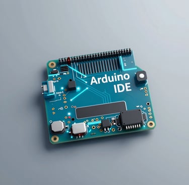 Close-up of a glowing Arduino board with colorful wires connected, set against a dark, futuristic background.