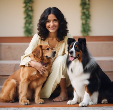 A smiling woman holding a playful golden retriever with pet toys in the background.