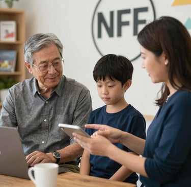A multigenerational family of three looking at a smartphone together near a laptop.