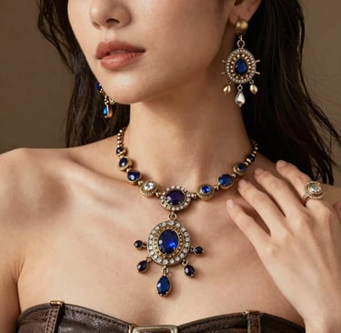 Elegant woman wearing a vintage gold statement necklace and earrings set with sapphire blue crystals.