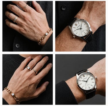 Man wearing luxury gold rings, a chain bracelet, and a classic silver wristwatch with a black leather strap.