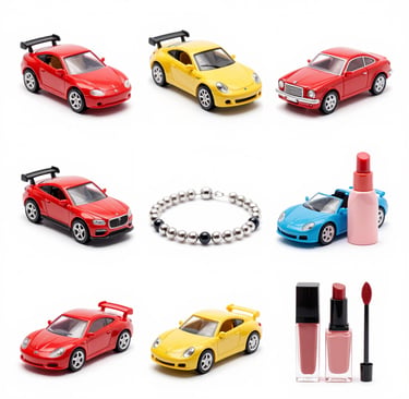 A collection of die-cast toy cars in red and yellow, a beaded bracelet, and pink lipstick cosmetics.