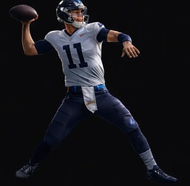Professional American football quarterback wearing jersey number 11 throwing a pass against a black background.