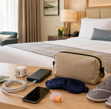Essential travel accessories including a power bank, sleep mask, and slippers laid out in a luxury hotel room.