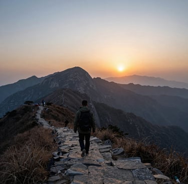 A serene forest path bathed in soft morning light, inviting calm and reflection.