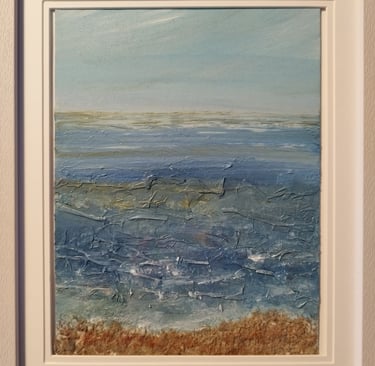 Sunlight on the water at St Mary's Bay, 34.5 x 25.5 cm, acrylic, collage and sand on paper