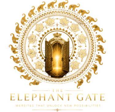The Elephant Gate logo: golden gate opening onto light, framed by a mandala of elephants and lotus flowers