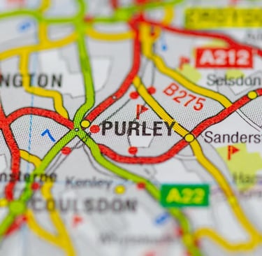 A close-up map showing Purley, London, with surrounding areas like Wallington and Coulsdon.