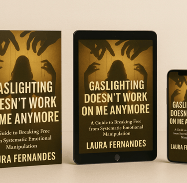 Gaslighting recovery book shown as paperback, ebook on tablet, and smartphone, created to help women