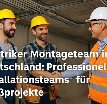 Eingespieltes Elektriker-Montageteam mit Werkzeugen und Helmen auf einer Baustelle in Deutschland –