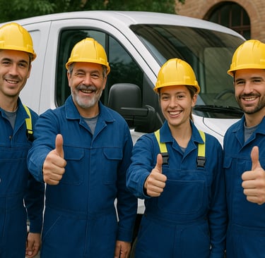 Zufriedenes Elektriker-Team gibt Daumen hoch vor Firmenfahrzeug – Symbol für erfolgreiche Projekte u