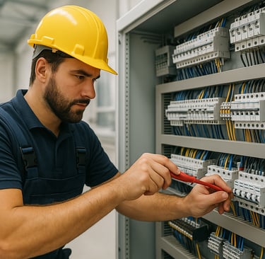 Erfahrener Elektriker arbeitet konzentriert an Schaltschrank und Steuerungstechnik – Beispiel für qu