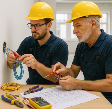 Zwei Elektriker arbeiten gemeinsam an einer Elektroinstallation in Nordrhein-Westfalen – Praxisbeisp