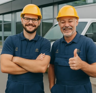 Zufriedene Elektriker-Fachkräfte vor Firmengebäude – Symbol für Vertrauen, Qualität und langfristige