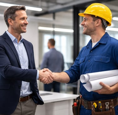 Geschäftsführer begrüßt Elektriker in Uniform – Symbol für erfolgreiche Fachkräftevermittlung und Zu