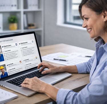 Personalvermittler prüft Elektrikerprofile am Laptop – steht für Vertrauen und langfristige Partners