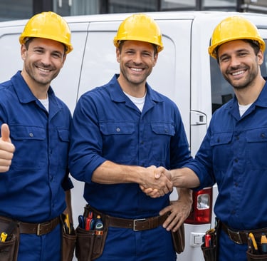 Zufriedene Elektriker-Fachkräfte geben Daumen hoch vor Firmenfahrzeug – Symbol für erfolgreiche Proj