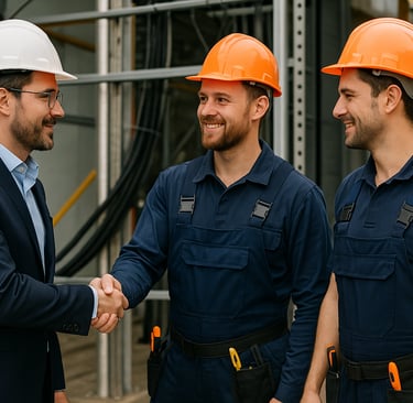 Bauleiter mit Anzug und Schutzhelm schüttelt Elektrikern auf einer Baustelle die Hand – Symbol für e