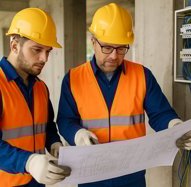 Zwei Elektriker mit Schutzhelmen und Warnwesten prüfen Baupläne vor einem offenen Elektroschaltkaste