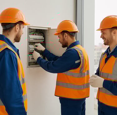 Drei Elektriker in orangefarbenen Warnwesten installieren gemeinsam eine Schalttafel in einem modern