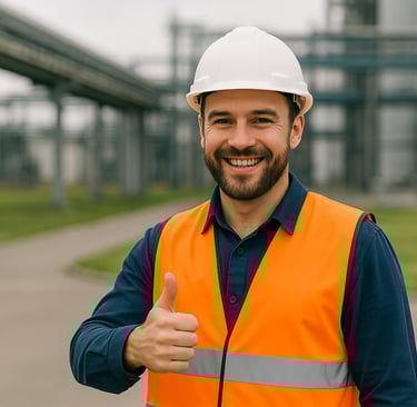 Lächelnder Elektriker mit weißem Schutzhelm und orangefarbener Warnweste zeigt Daumen hoch auf einem