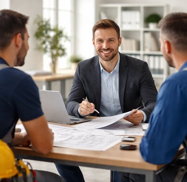 Personalvermittler bespricht mit Elektrikern offene Stellen – symbolisiert erfolgreiches Recruiting 