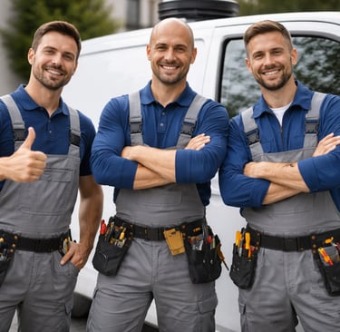 Zufriedene Elektriker stehen vor Firmenfahrzeug – symbolisiert Vertrauen, Qualität und erfolgreiche 
