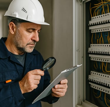 Ein erfahrener Elektriker überprüft ein Schaltschrank-System in Deutschland – Symbol für Qualität un