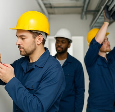 Drei Elektriker bei der Arbeit in Deutschland – Symbol für qualifizierte Fachkräftevermittlung im El