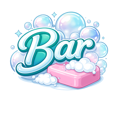 The word “Bar” in teal cursive lettering, surrounded by iridescent bubbles and pink bar of soap.