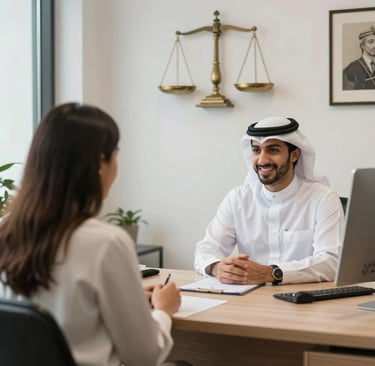 A professional lawyer consulting with a client in a modern office setting.