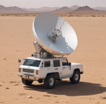 Satellite communication system setup with engineers calibrating equipment outdoors.