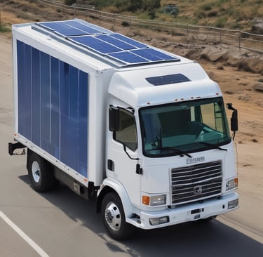 A solar electric refrigeration truck parked at a local market, preserving fresh produce.