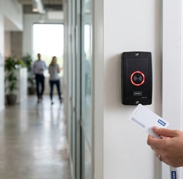 A proximity card reader installed on a commercial office door, representing access control systems for UK businesses.