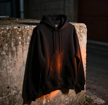 An urban model wearing an unapologetic oversized hoodie in black with bright orange accents against a gritty city backdrop