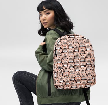 A young woman wearing a green bomber jacket and a pink backpack with a cartoon pig pattern.