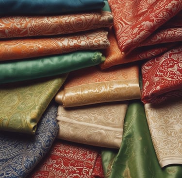 A vibrant unstitched kamiz fabric with traditional patterns laid out on a wooden table.