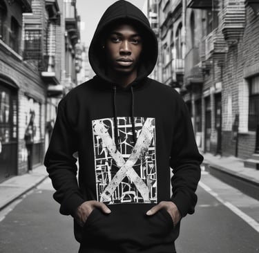 a man in a black hoodie and a hoodie with a large x on