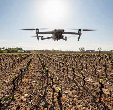 Wingtra Ray drone preparing for a flight over a large agricultural field.