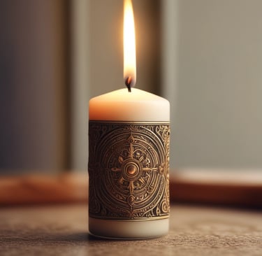 A close-up of a Zenlight candle with a flickering flame casting gentle shadows.